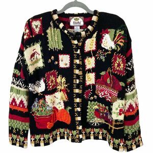 Cardigan Sweater Farmer's Market Chicken Chunky Novelty Granny Chic Size Large